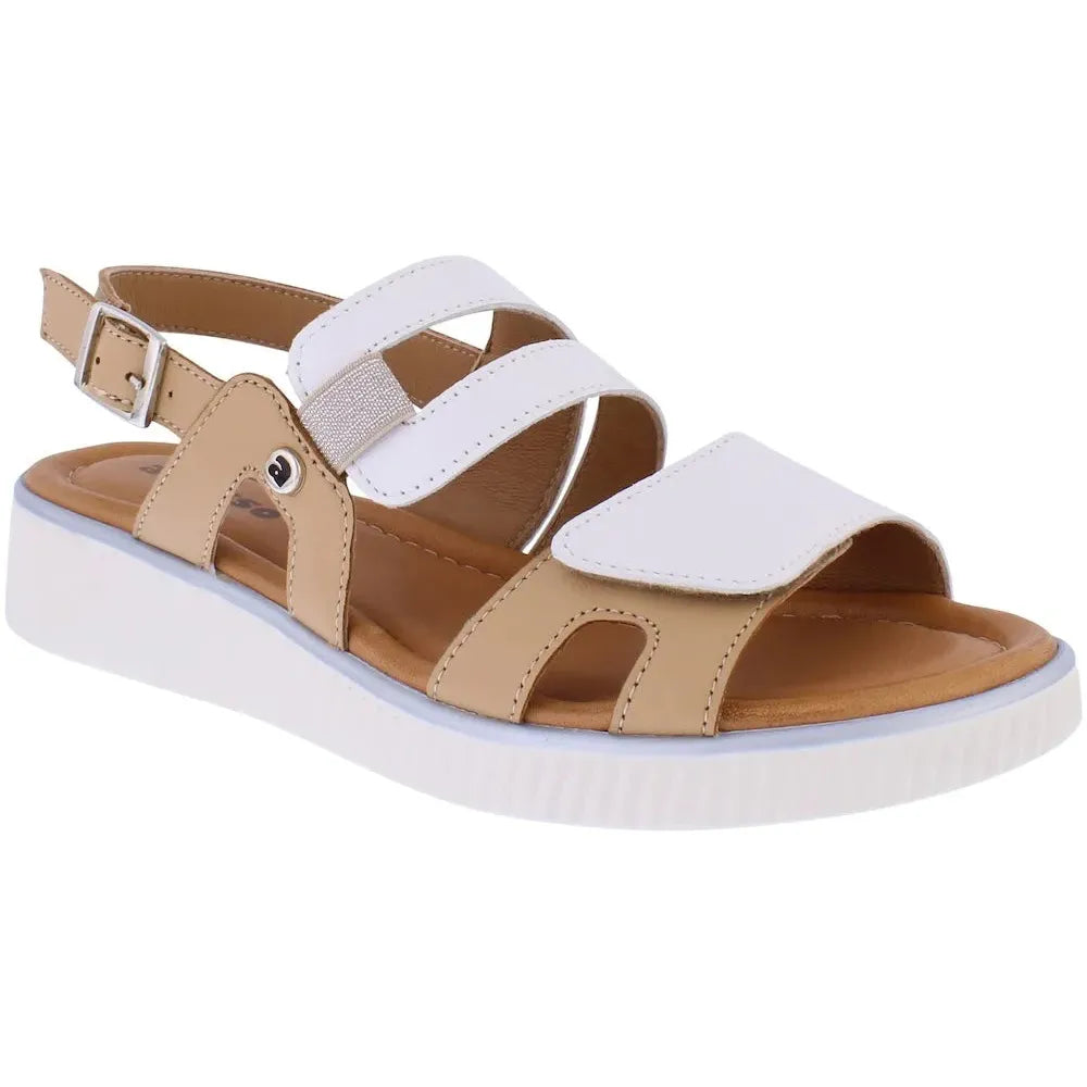 Adesso A8406 Tru Ladies Italian leather buckle sandals with cream and tan straps, cushioned footbed, and white sole.