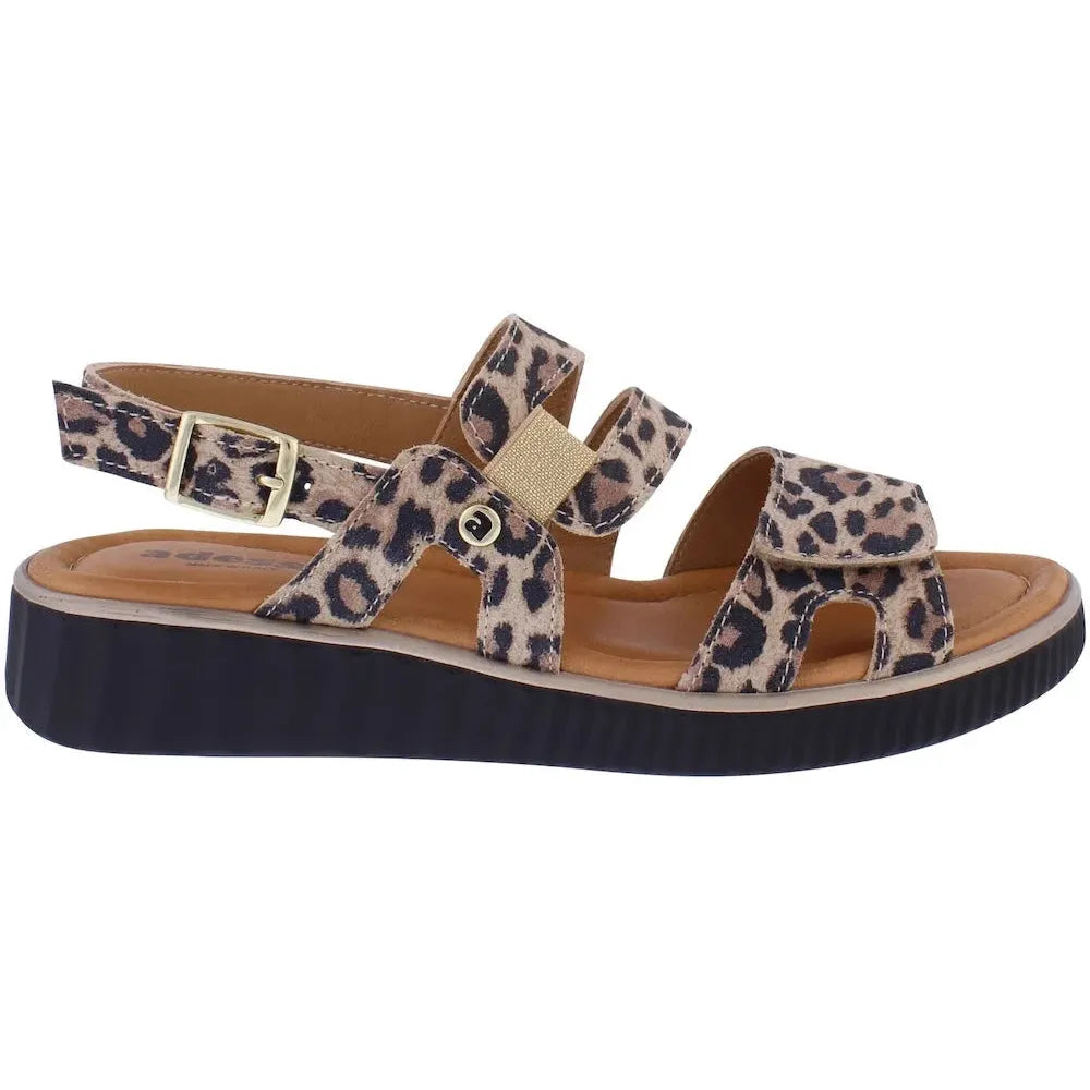 Adesso A8408 Tru Ladies Italian Leopard Leather Buckle Sandals with straps, buckle closure, and cushioned footbed.