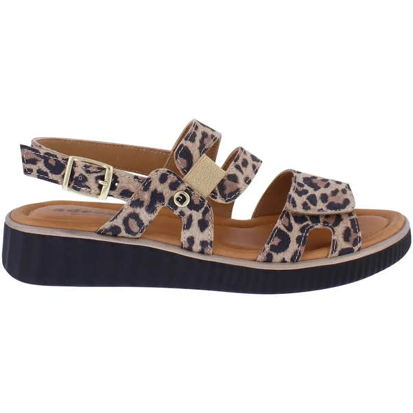 Adesso A8408 Tru Ladies Italian Leopard Leather Buckle Sandals with straps, buckle closure, and cushioned footbed.