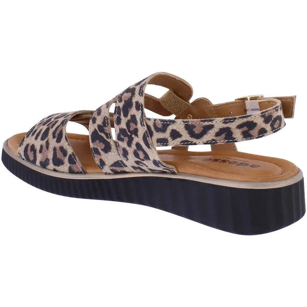 Adesso A8408 Tru Ladies Italian Leopard Leather Buckle Sandals with buckle strap, leopard print, cushioned insole, and black rubber sole.