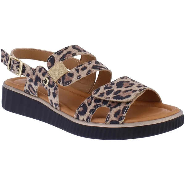 Adesso A8408 Tru Ladies Italian Leopard Leather Buckle Sandals with ankle straps and cushioned footbed.