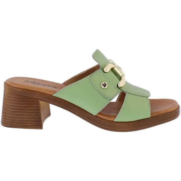 Adesso A8418 Luz women's Italian pistachio leather slip-on mules with chunky heel and gold-tone buckle detail.