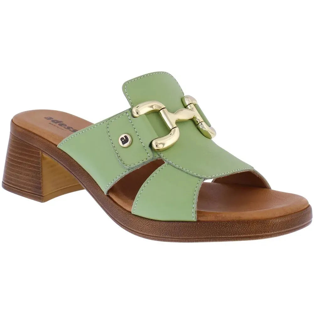 Adesso A8418 Luz Ladies Italian Pistachio Leather Slip-On Mules with gold hardware, block heel, open toe design.