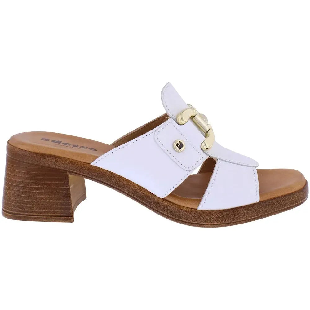 Adesso A8419 Luz Ladies Italian White Leather Slip-On Mules with gold buckle and block heel.