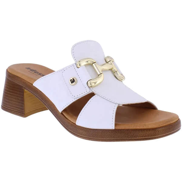 Adesso A8419 Luz Ladies Italian White Leather Slip-On Mules with gold hardware and chunky wooden heel.
