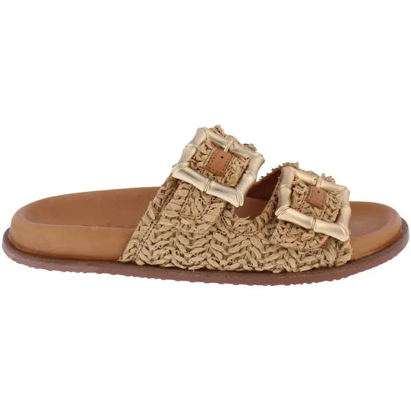 Adesso A8425 Finn Ladies Tan Textile Slip-On Mules with woven design and decorative buckles.