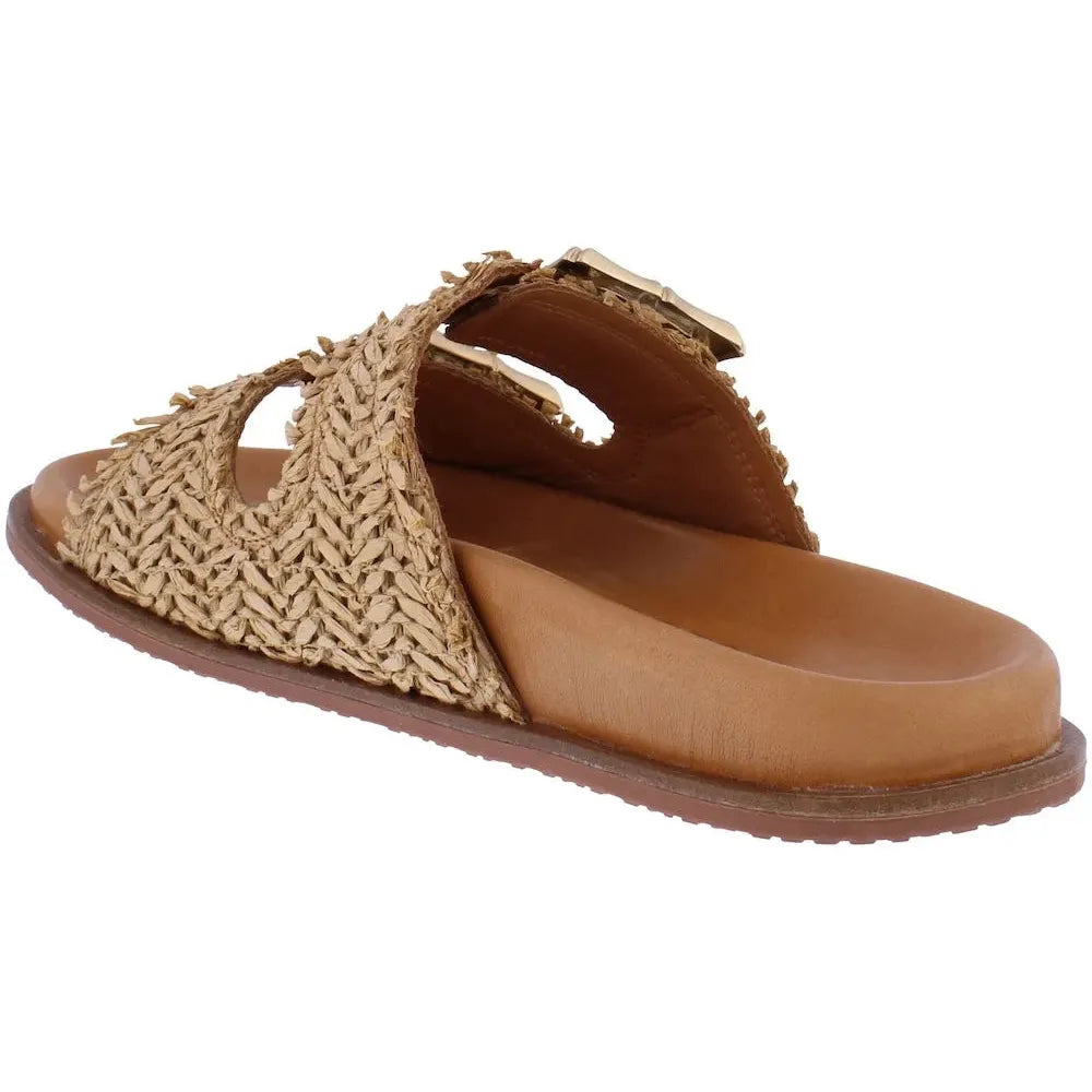 Adesso A8425 Finn Ladies Tan Textile Slip-On Mules with woven upper and cushioned footbed.