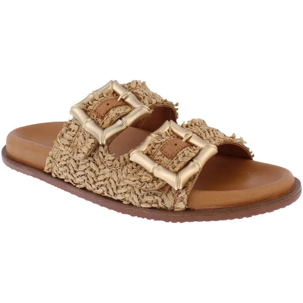 Adesso A8425 Finn Ladies Tan Textile Slip-On Mules with decorative buckles and woven design.
