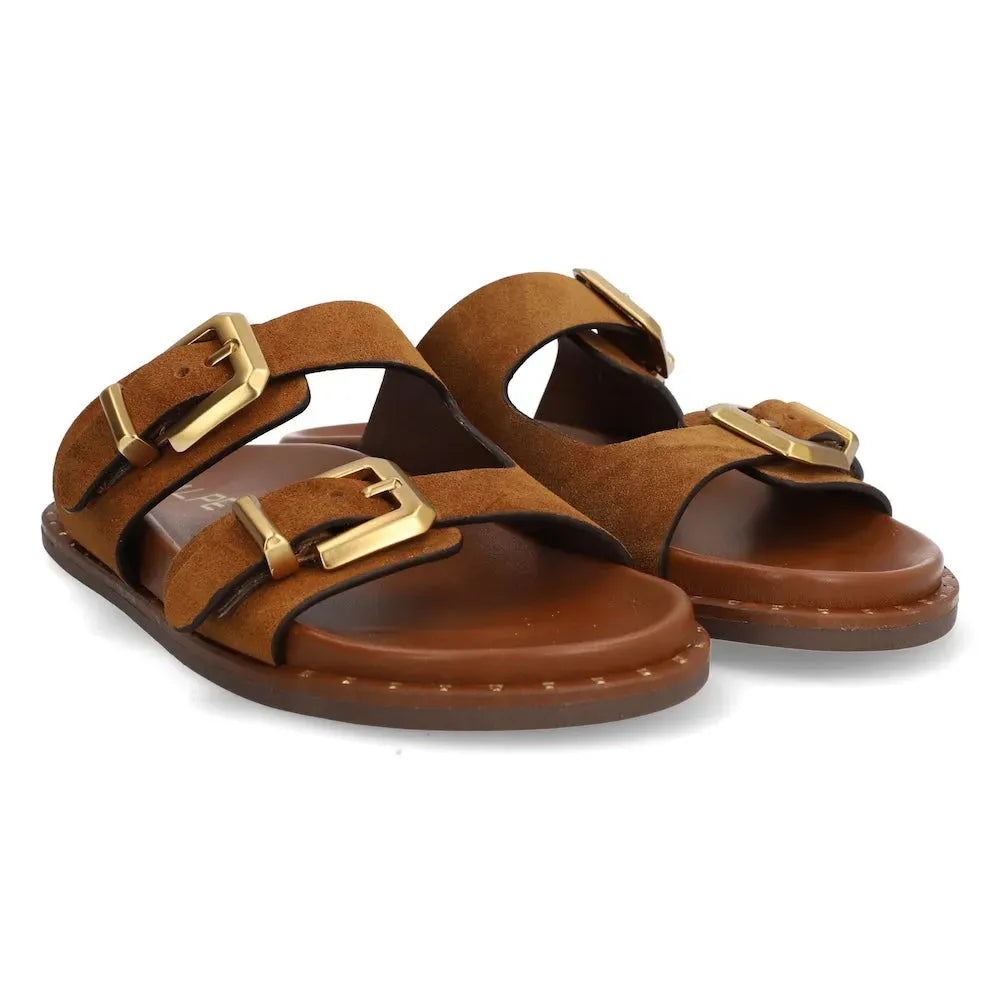 Alpe 5575 11-BABY SILK women's Spanish brown leather slider sandals with gold buckles.
