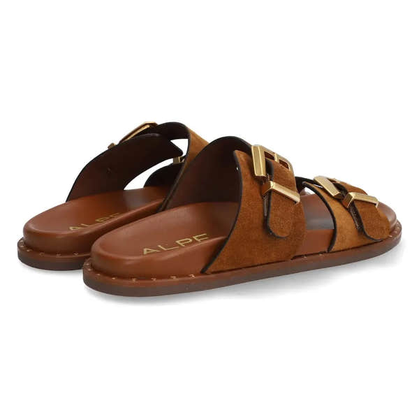 Alpe 5575 11-Baby Silk women's leather slide sandals in Spanish Brown with buckle details and open toe design.