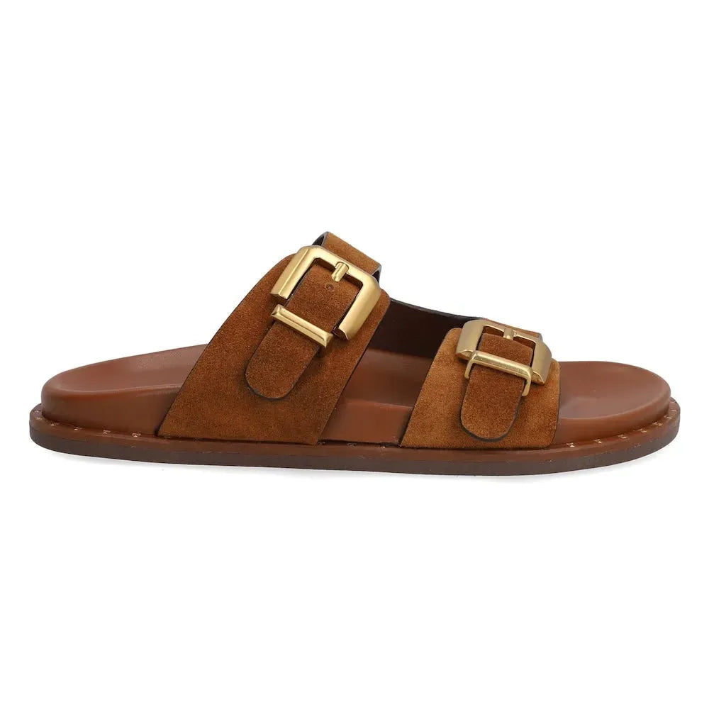 Alpe 5575 11-Baby Silk women's Spanish brown leather slider sandals with gold buckles and cushioned footbed.