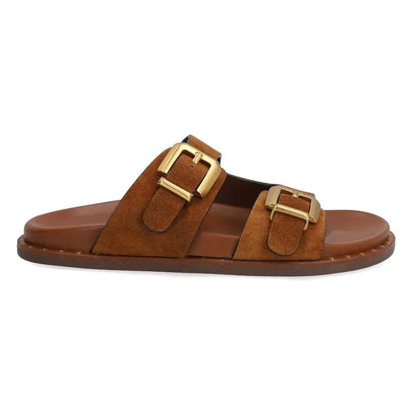 Alpe 5575 11-Baby Silk women's Spanish brown leather slider sandals with gold buckles and cushioned footbed.