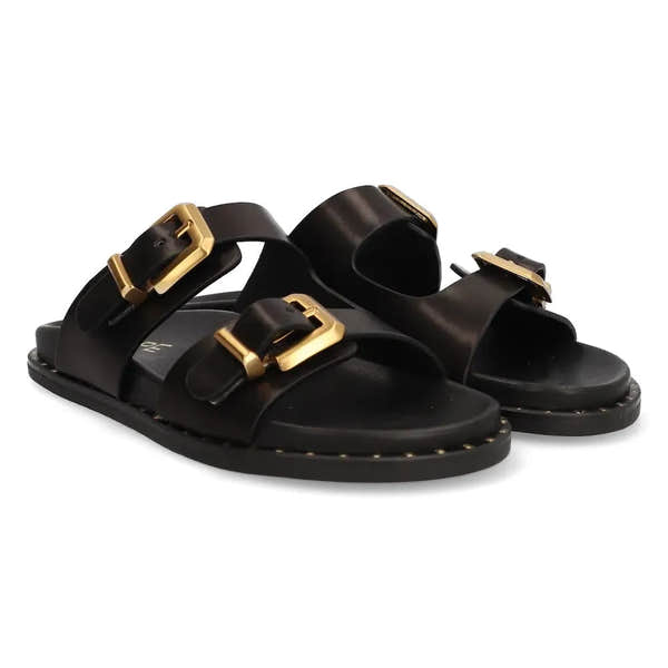 Ladies black leather buckle sandals with gold-tone hardware, open-toe design, and adjustable straps.