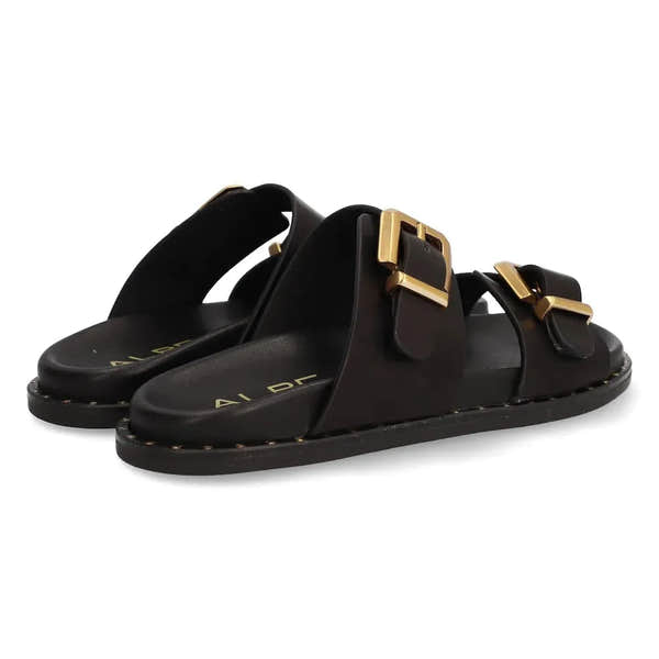 Alpe 5575 17-BECERRO Ladies Black Leather Buckle Sandals with Gold Buckle Details
