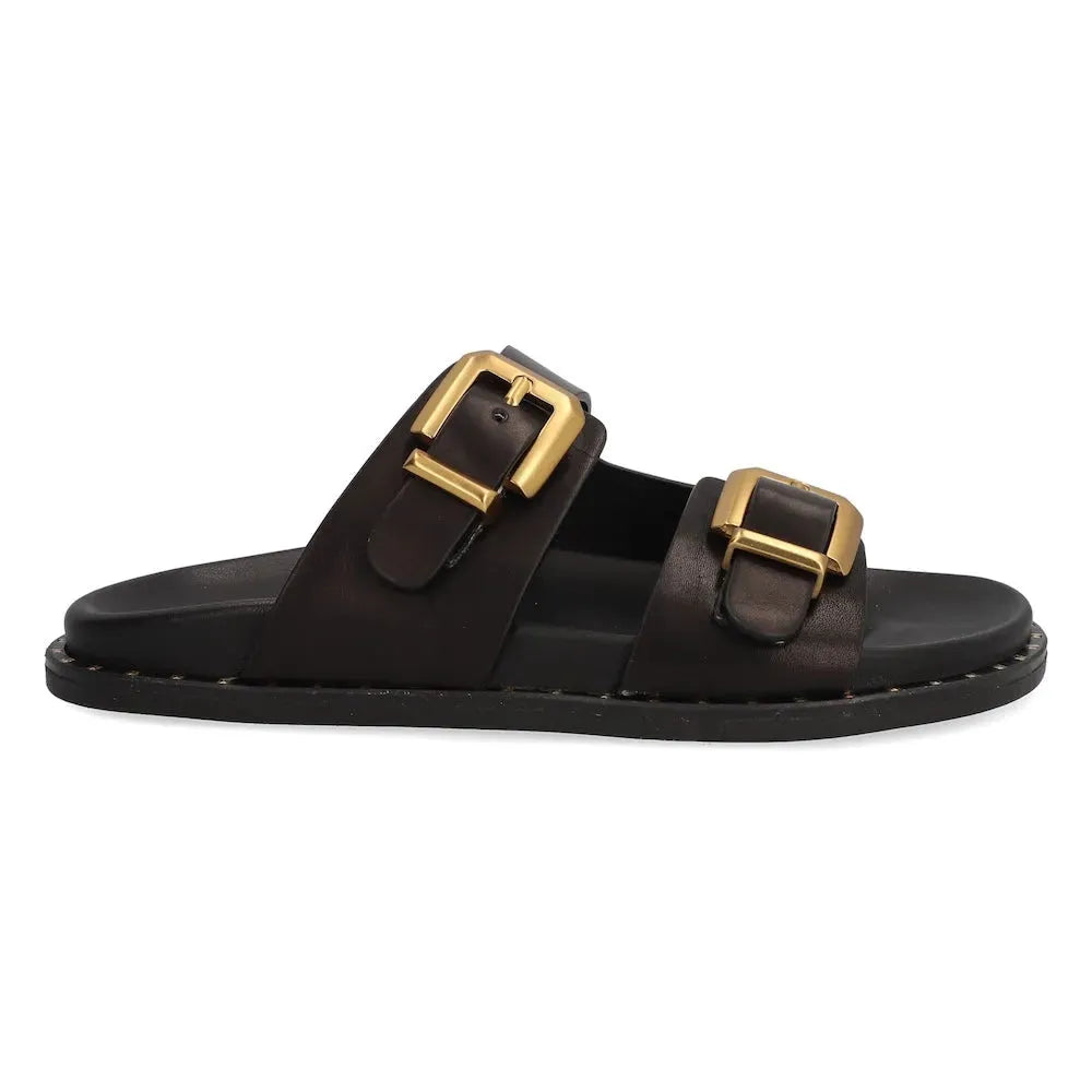 Alpe 5575 17-BECERRO women's black leather buckle sandals with gold hardware and flat sole.