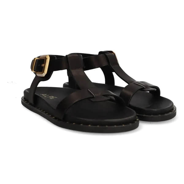 Alpe 5576 17-BECERRO women's Spanish black leather buckle sandals with open-toe design and adjustable ankle strap.
