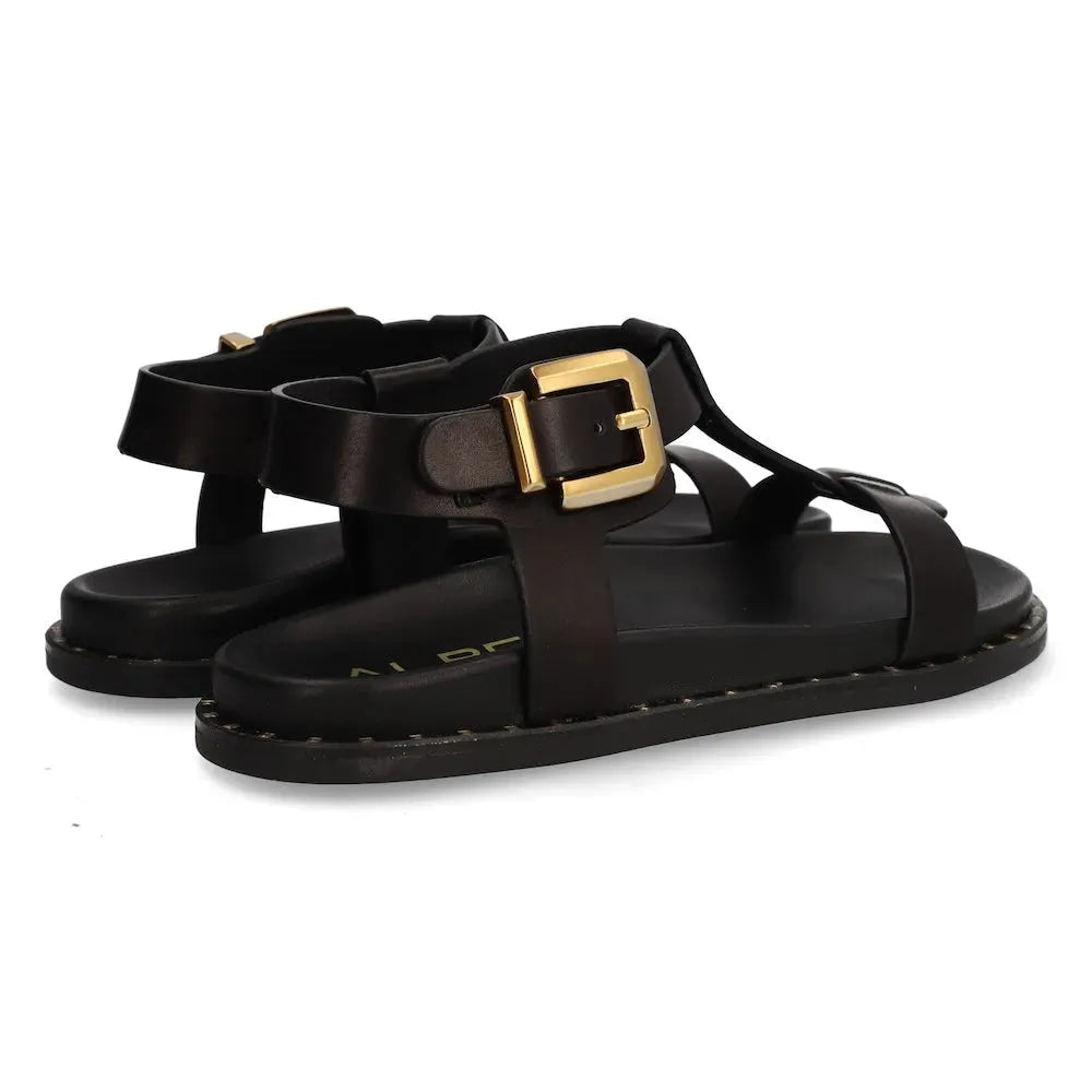 Alpe 5576 17-BECERRO women's Spanish black leather buckle sandals with thick sole and gold-tone buckle detail.