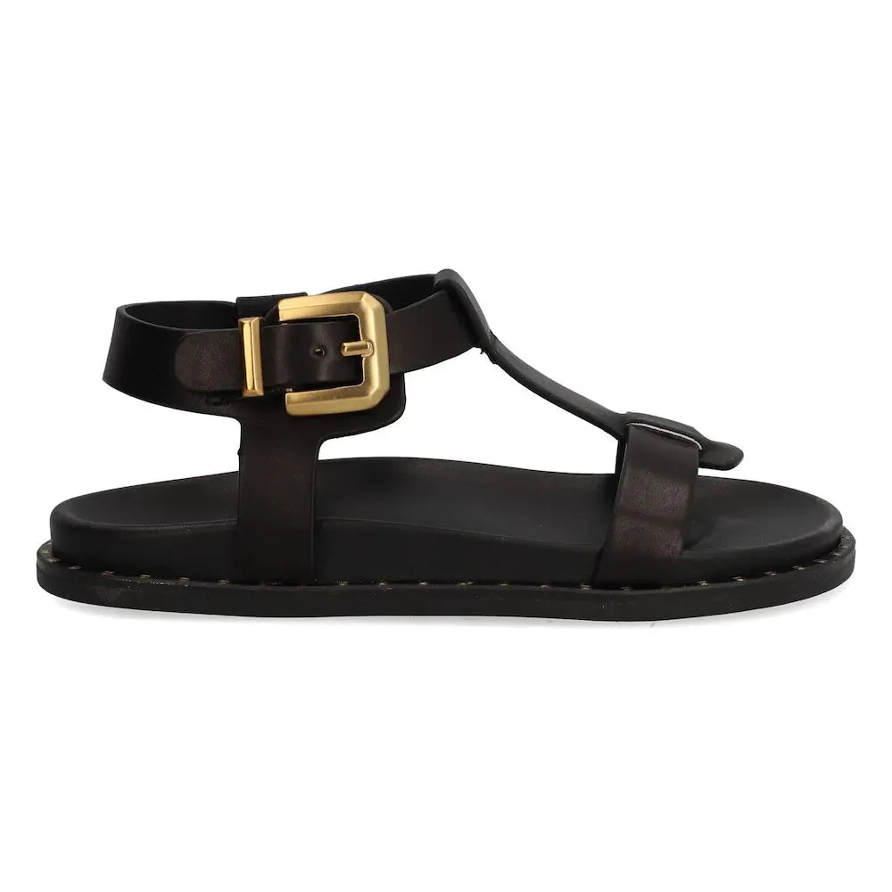 Alpe 5576 17-BECERRO women's black leather buckle sandal with ankle strap and flat sole.