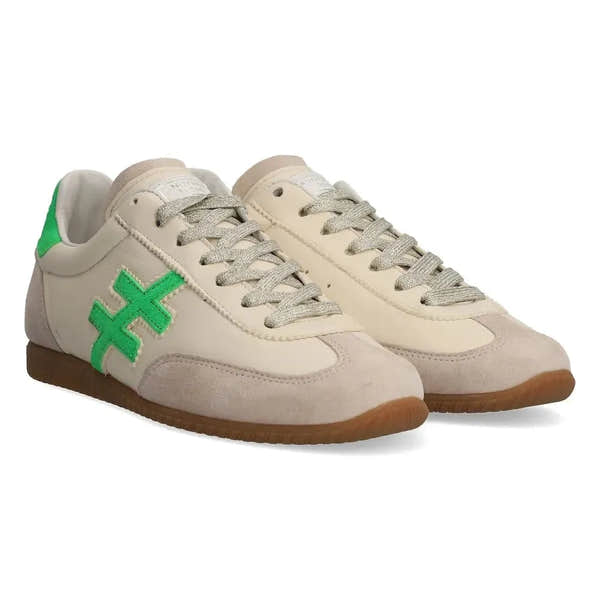 Ladies beige leather lace-up trainers with green logo accents, casual athletic style, suede and smooth leather upper, rubber sole.