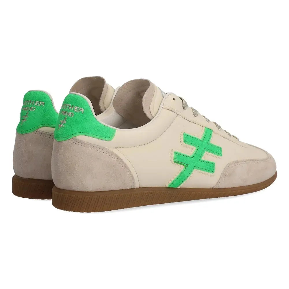 Ladies Spain Beige Leather Lace-Up Trainers with neon green accents, suede and leather upper, and brown rubber sole.