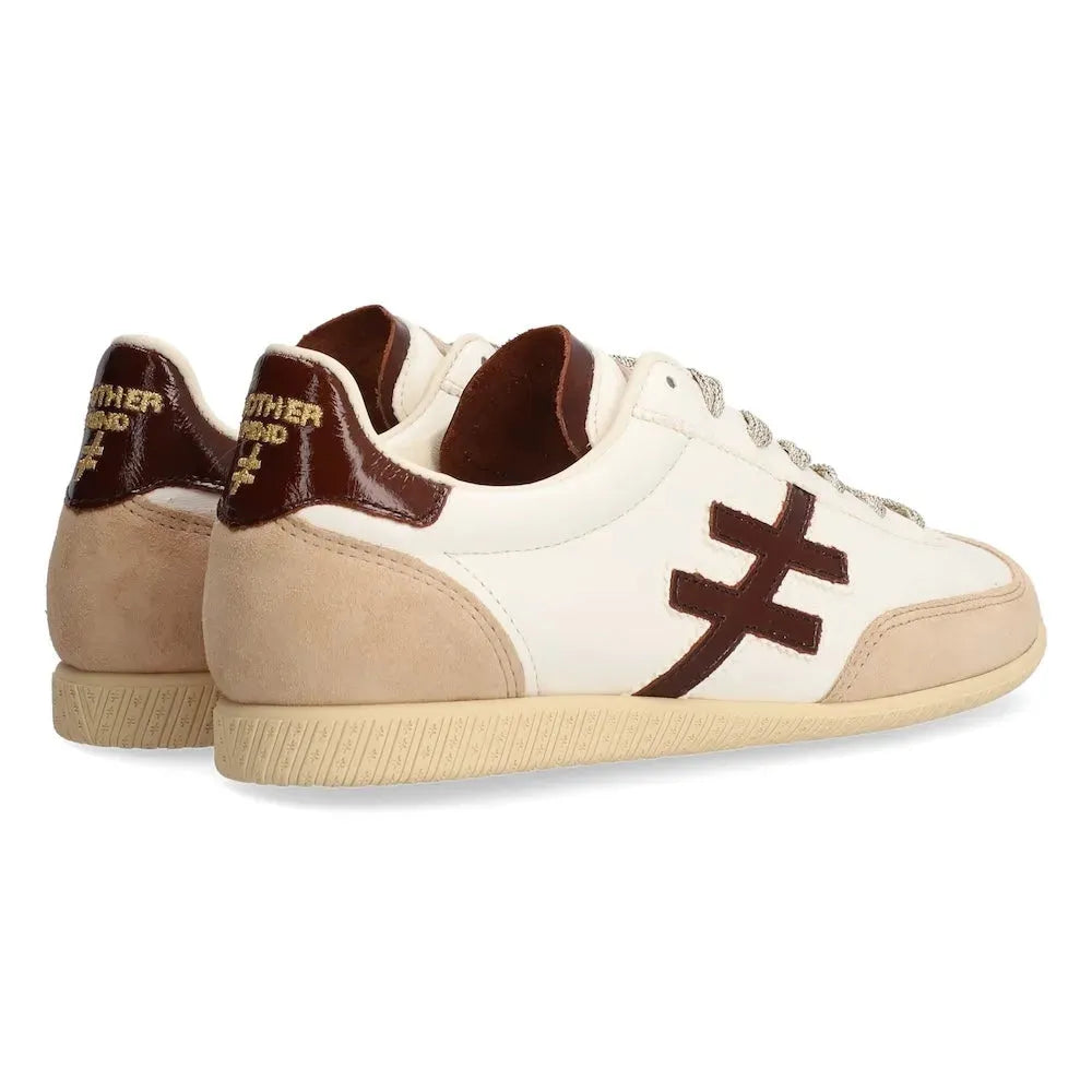 Ladies Spanish multi-leather lace-up trainers, cream and brown with stylish logo design and beige rubber sole.