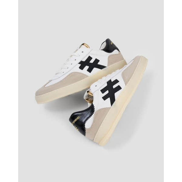 Buffalo Ladies Spanish White Leather Lace-Up Trainers with black & beige accents, chunky sole, and iconic design.