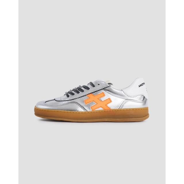 Silver leather lace-up trainers with orange cross branding and gum sole, from Trend Iconic 2 58-41 Las Vegas collection.