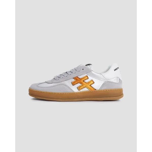 Women’s Spanish Dove Grey Leather Lace-Up Trainers with contrasting orange logo and gum sole.
