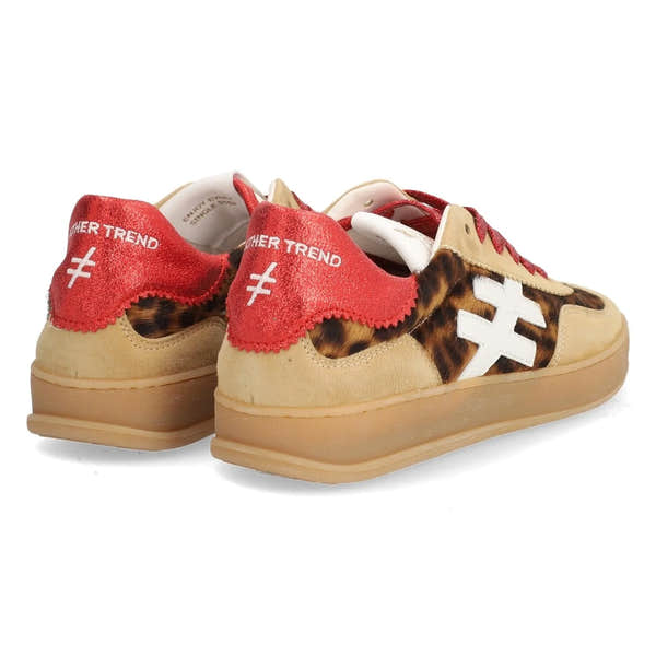 Ladies Spanish leopard and camel suede lace-up trainers with red accent heel tabs and white logo details.