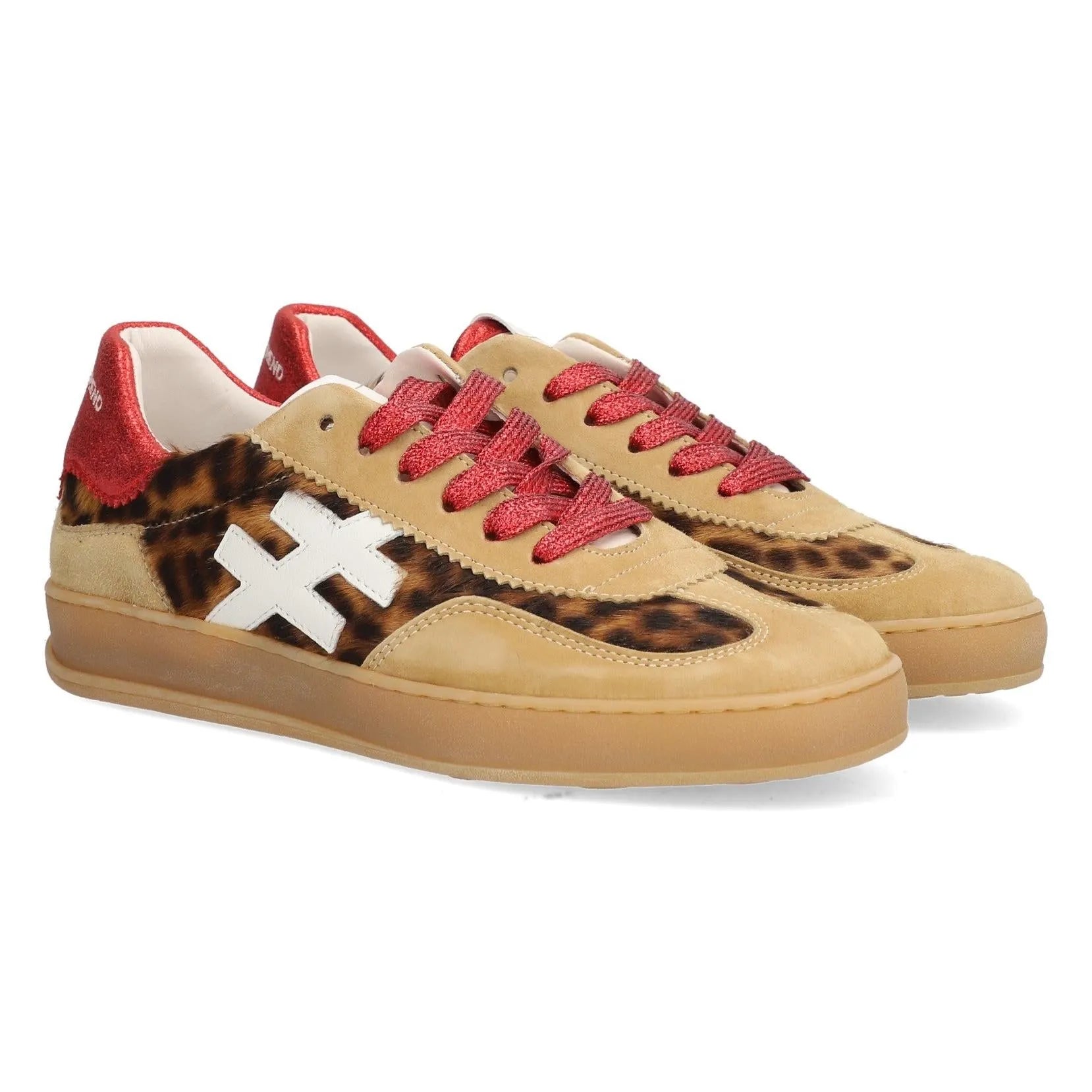 Women’s Leopard and Camel Suede Lace-Up Trainers with white side detail and red accents.