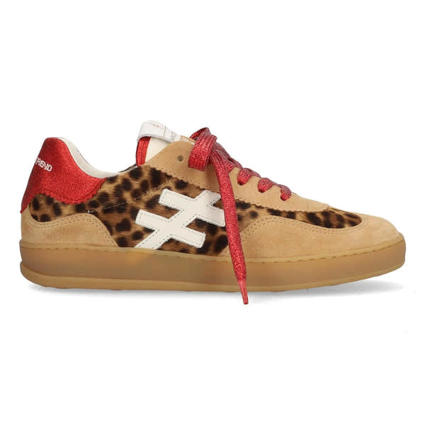 Women's leopard and camel suede lace-up trainers with white logo, red accents, and a tan sole.
