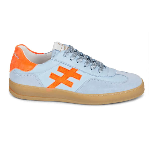 Ladies light blue leather lace-up trainers with orange accents, stylish round toe, gum sole, and sporty design.