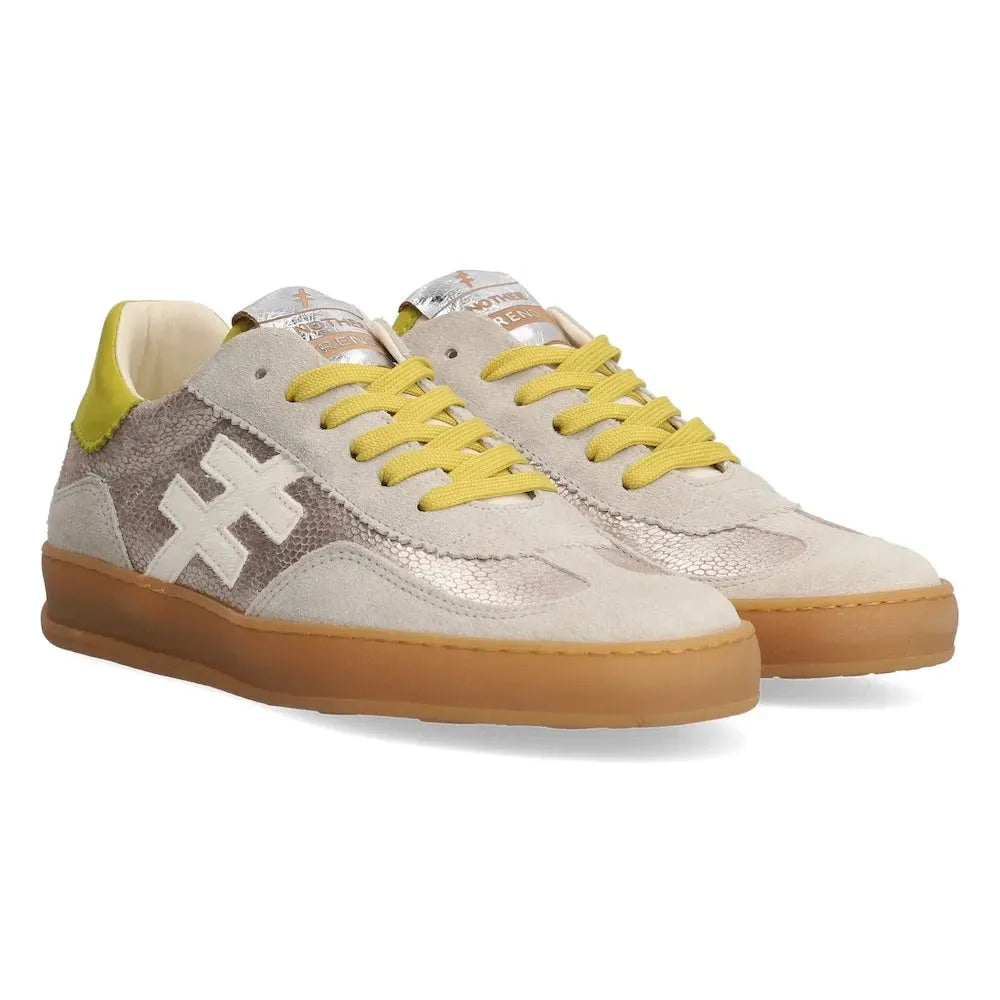 Ladies Spanish Champagne Leather Lace-Up Trainers with yellow laces, beige and metallic accents, and gum soles.