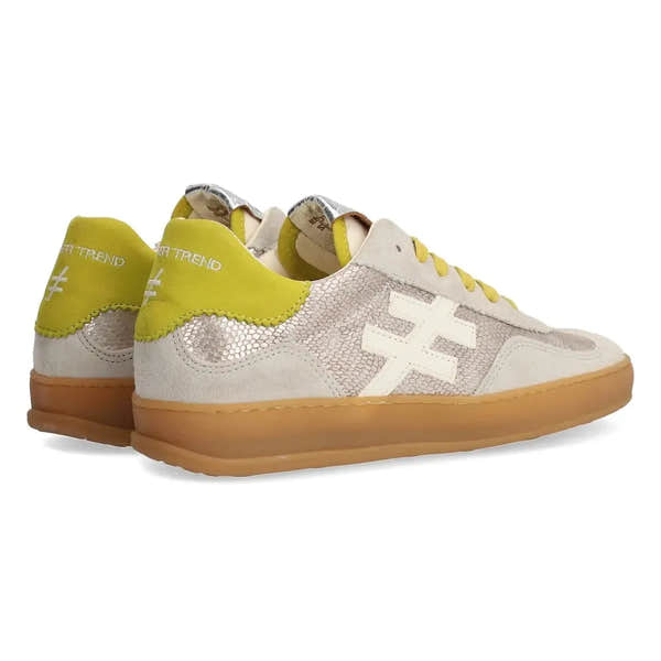 Ladies Spanish Champagne Leather Lace-Up Trainers with snake-print accents and neon yellow details, stylish casual footwear.