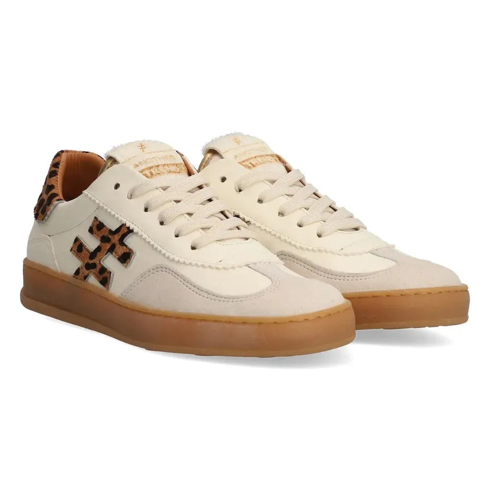 Ladies off-white leather lace-up trainers with leopard-print accents, stylish and comfortable for casual wear.