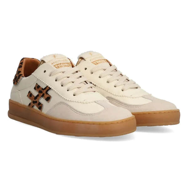 Ladies off-white leather lace-up trainers with leopard-print accents, stylish and comfortable for casual wear.