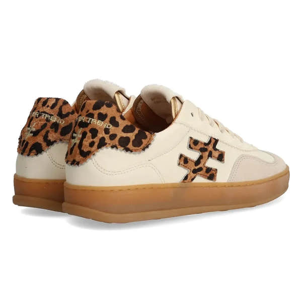Ladies Spanish off-white leather lace-up trainers with leopard print accents and gum sole.