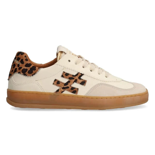 Ladies off-white leather lace-up trainers with leopard print accents and a gum sole, stylish and trendy footwear.