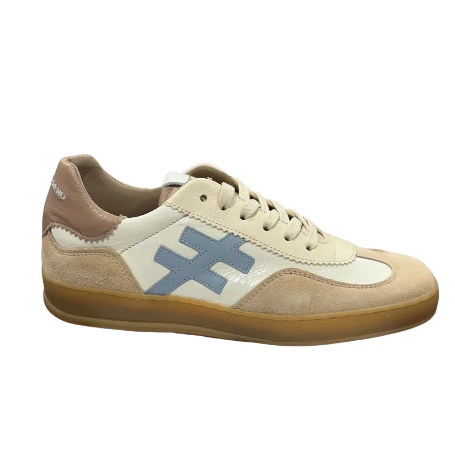 Ladies Spanish White/Blue Leather Lace-Up Trainers with beige suede accents and gum sole.
