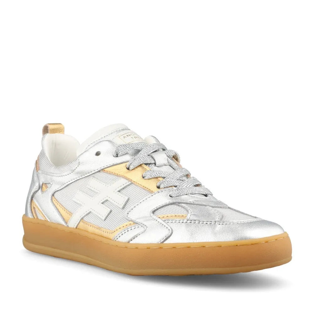 Another Trend Iconic 2 A033T141 women's Spanish platinum leather and textile lace-up trainers, stylish athletic sneakers with a gum sole.