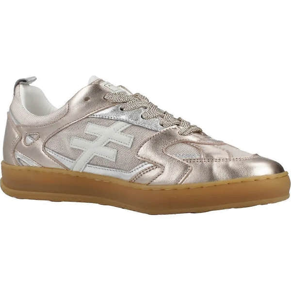 Ladies Spanish Rose Gold Metallic Leather & Textile Lace-Up Trainers, stylish trainers with metallic finish, cushioned sole, and trendy design.