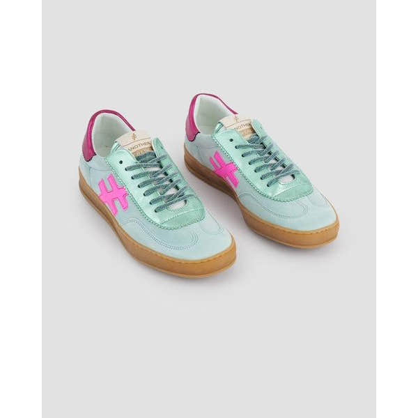 Multi ladies Spanish mint suede lace-up trainers with pink logo accents and gum sole.