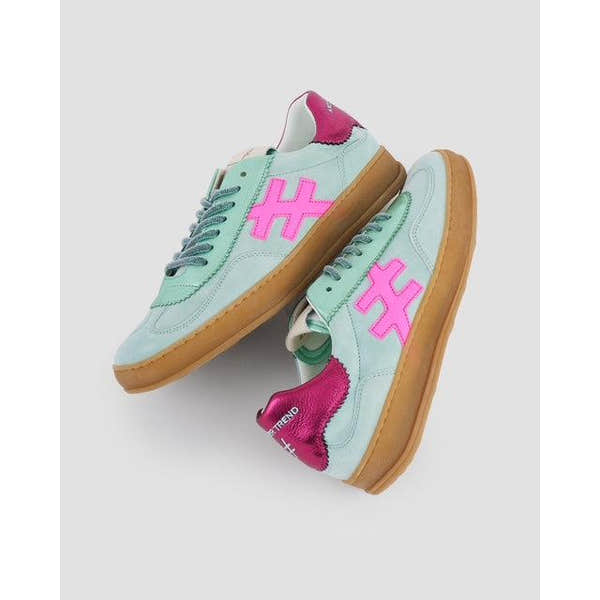 Multi ladies Spanish mint suede lace-up trainers with pink logo details and gum sole.
