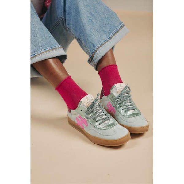 Multi Ladies Spanish Mint Suede Lace-Up Trainers, Iconic Trendy M3-68 with pink logo and gum sole.