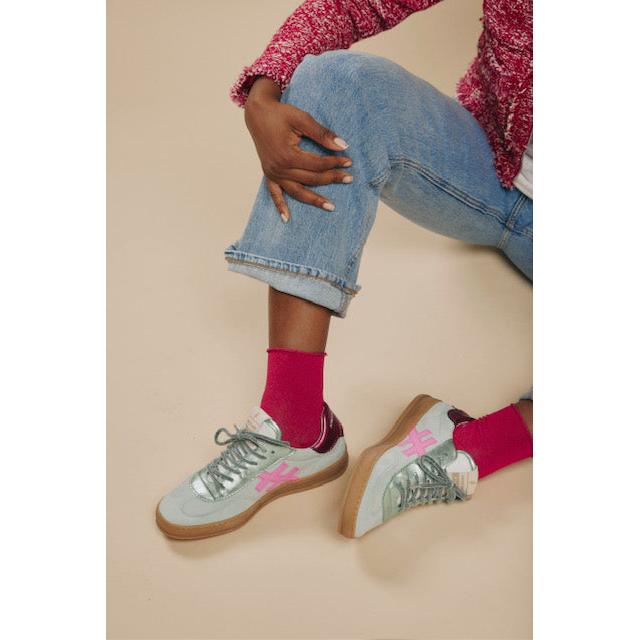 Spanish Mint Suede Lace-Up Trainers for women, stylish sneaker with mint green, pink accents, and gum sole.