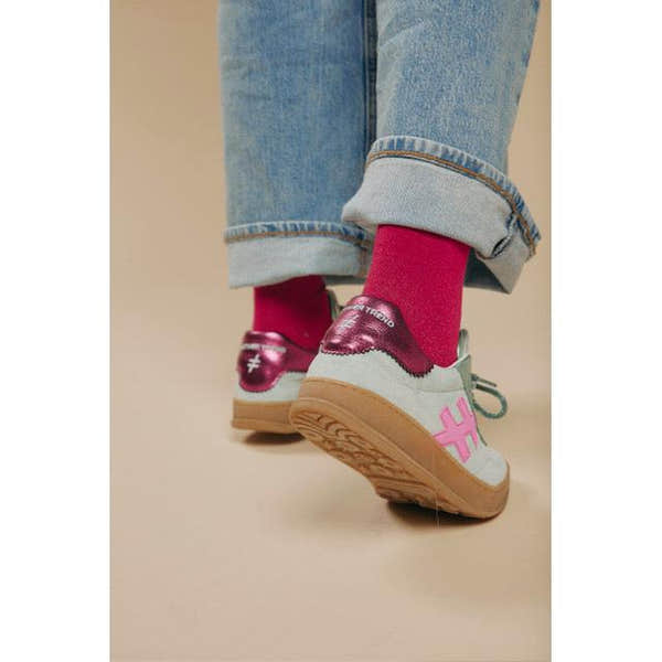 Multi Ladies Spanish Mint Suede Lace-Up Trainers with pink accents and gum soles, casual stylish footwear.