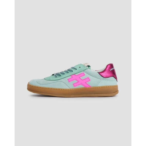 Women's Spanish Mint Suede Lace-Up Trainers, pink logo detail, tan rubber sole, casual sporty footwear.