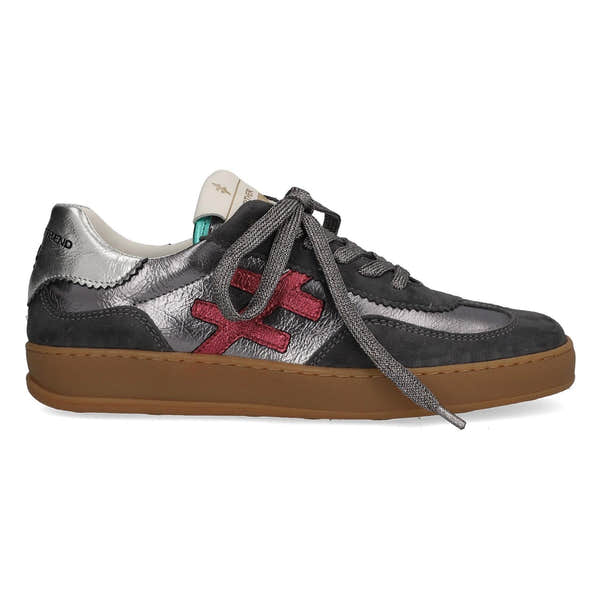 Women's black, metallic silver, and red suede lace-up trainers with a gum sole and stylish design.