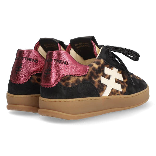 Women's black, leopard print, and pink suede lace-up trainers with white accents and tan soles.