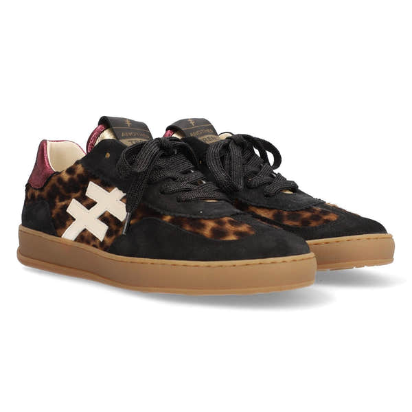Women's black, leopard print suede and leather lace-up trainers with white side accents and tan rubber soles.